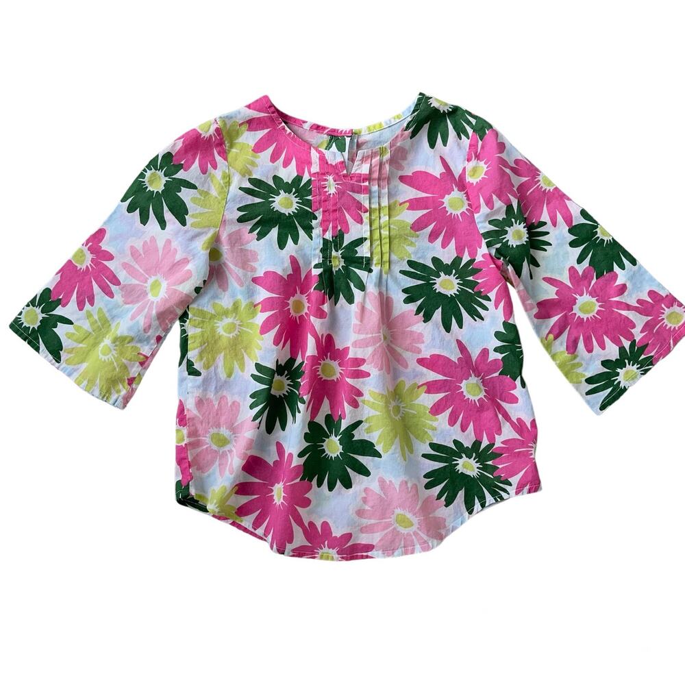 Girls 7 Gymboree Bright Pink Green Colorful Floral Flower Pleated Swing Top